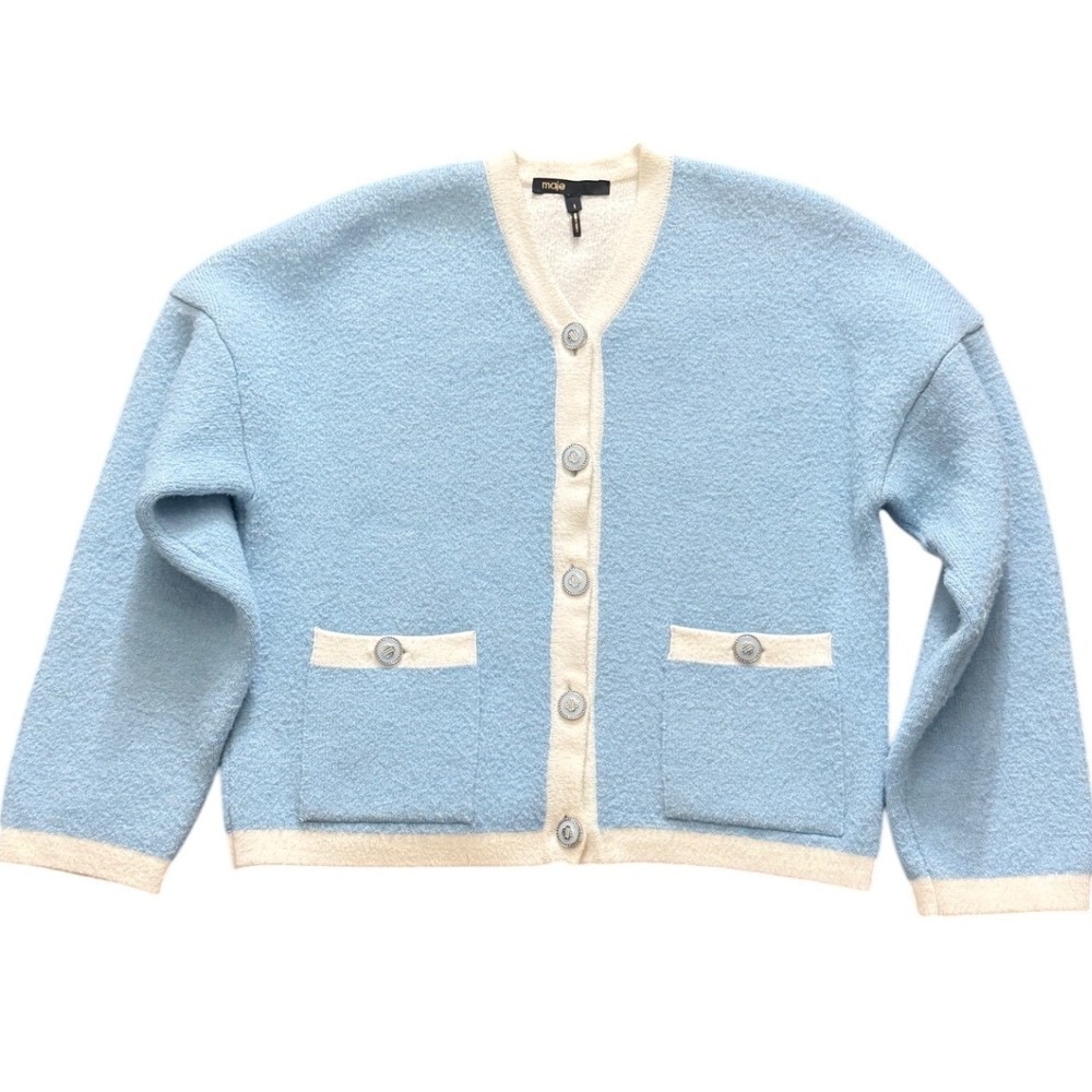 Maje Baby Blue Boucle Knit Cardigan Cream Trim Logo Buttons Size 1 MFPCA00411